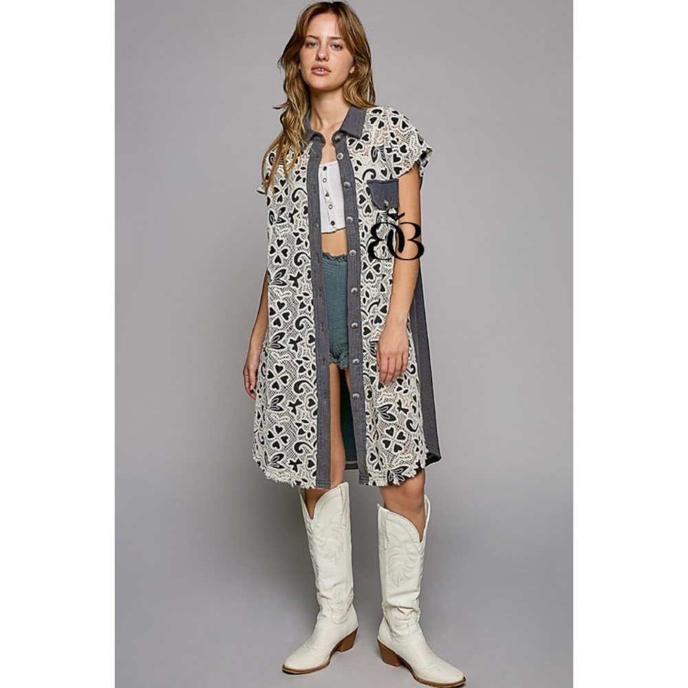 POL Short Sleeve Crochet Lace & Thermal Button Down Long Collared Shirt